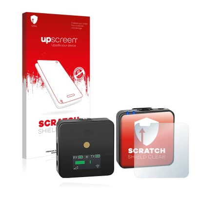 Parte frontale di una confezione del prodotto con il logo del marchio upscreen. Accanto è raffigurato il dispositivo Rode Wire
