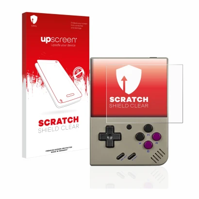 Parte frontale di una confezione del prodotto con il logo del marchio upscreen. Accanto è raffigurato il dispositivo Miyoo Min