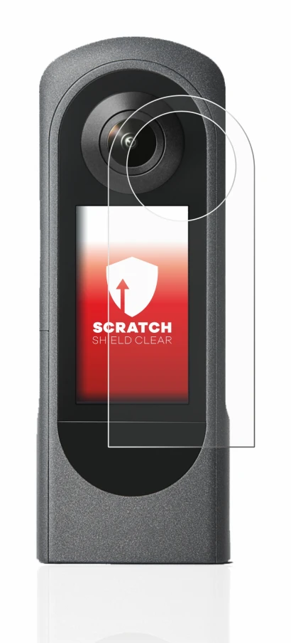 Immagine del dispositivo Ricoh Theta X con un'ampia varietà di protezioni per lo schermo.