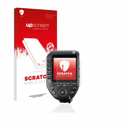 Parte frontale di una confezione del prodotto con il logo del marchio upscreen. Accanto è raffigurato il dispositivo Godox XPr