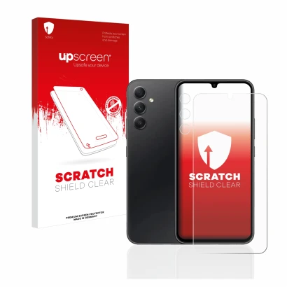 Parte frontale di una confezione del prodotto con il logo del marchio upscreen. Accanto è raffigurato il dispositivo Samsung G
