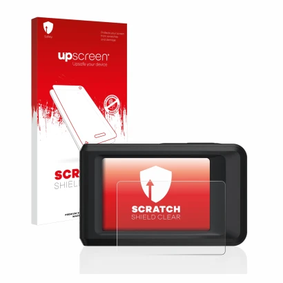 Parte frontale di una confezione del prodotto con il logo del marchio upscreen. Accanto è raffigurato il dispositivo Hikmicro