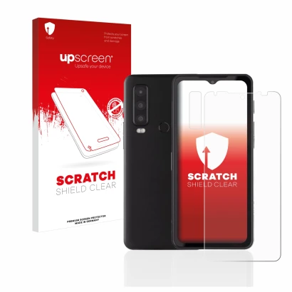 Parte frontale di una confezione del prodotto con il logo del marchio upscreen. Accanto è raffigurato il dispositivo Caterpill