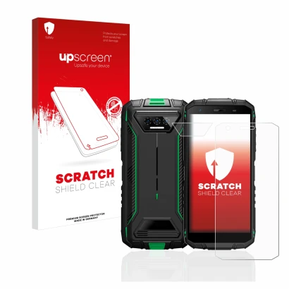 Parte frontale di una confezione del prodotto con il logo del marchio upscreen. Accanto è raffigurato il dispositivo Doogee S4