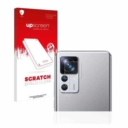 Parte frontale di una confezione del prodotto con il logo del marchio upscreen. Accanto è raffigurato il dispositivo Xiaomi 12