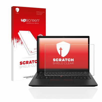 Parte frontale di una confezione del prodotto con il logo del marchio upscreen. Accanto è raffigurato il dispositivo Lenovo Th