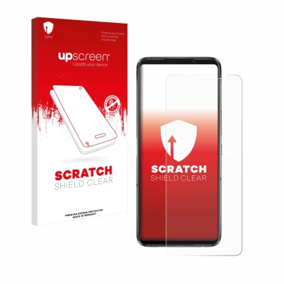 Parte frontale di una confezione del prodotto con il logo del marchio upscreen. Accanto è raffigurato il dispositivo ASUS ROG