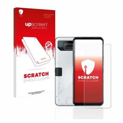 Parte frontale di una confezione del prodotto con il logo del marchio upscreen. Accanto è raffigurato il dispositivo ASUS ROG 