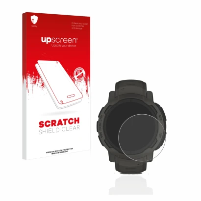 Parte frontale di una confezione del prodotto con il logo del marchio upscreen. Accanto è raffigurato il dispositivo Garmin In