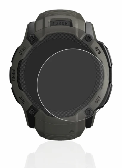 Immagine del dispositivo Garmin Instinct 2X Solar con un'ampia varietà di protezioni per lo schermo.