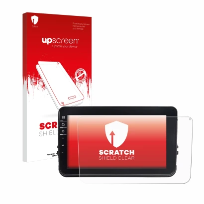 Parte frontale di una confezione del prodotto con il logo del marchio upscreen. Accanto è raffigurato il dispositivo Dynavin D