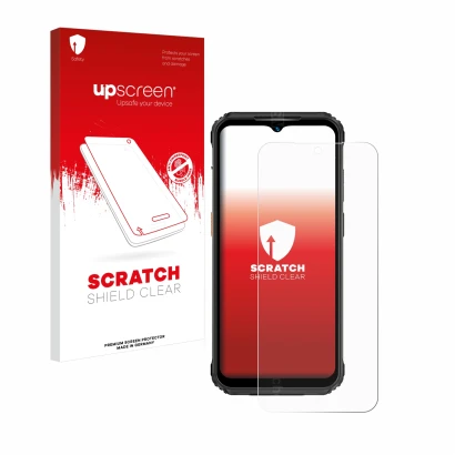 Parte frontale di una confezione del prodotto con il logo del marchio upscreen. Accanto è raffigurato il dispositivo Ulefone A