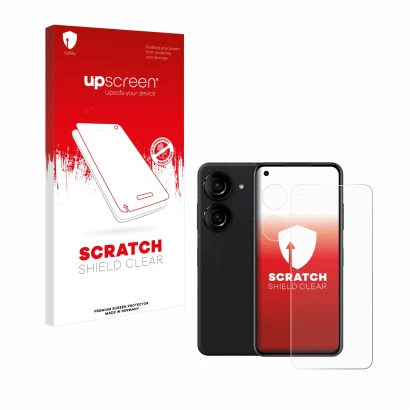 Parte frontale di una confezione del prodotto con il logo del marchio upscreen. Accanto è raffigurato il dispositivo ASUS ZenF