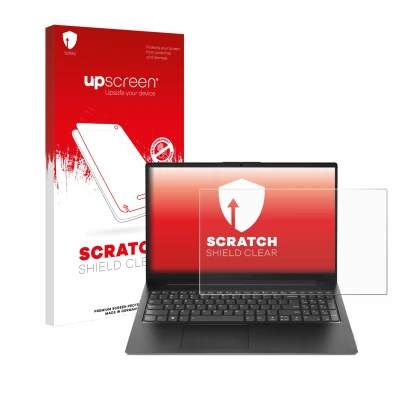 Parte frontale di una confezione del prodotto con il logo del marchio upscreen. Accanto è raffigurato il dispositivo Lenovo V1