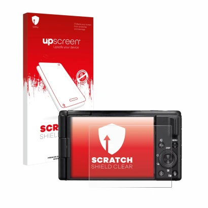 Parte frontale di una confezione del prodotto con il logo del marchio upscreen. Accanto è raffigurato il dispositivo Sony ZV-1