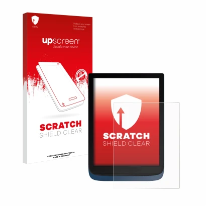 Parte frontale di una confezione del prodotto con il logo del marchio upscreen. Accanto è raffigurato il dispositivo Vivlio In