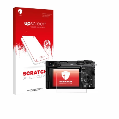 Parte frontale di una confezione del prodotto con il logo del marchio upscreen. Accanto è raffigurato il dispositivo Sony Alph