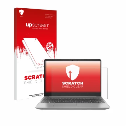 Parte frontale di una confezione del prodotto con il logo del marchio upscreen. Accanto è raffigurato il dispositivo HP 250 G9