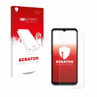 Parte frontale di una confezione del prodotto con il logo del marchio upscreen. Accanto è raffigurato il dispositivo Ulefone A