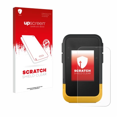 Parte frontale di una confezione del prodotto con il logo del marchio upscreen. Accanto è raffigurato il dispositivo Garmin eT