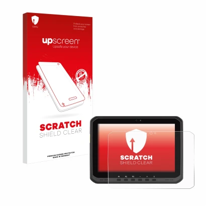 Parte frontale di una confezione del prodotto con il logo del marchio upscreen. Accanto è raffigurato il dispositivo Zebra ET6