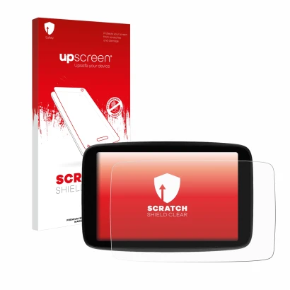 Parte frontale di una confezione del prodotto con il logo del marchio upscreen. Accanto è raffigurato il dispositivo TomTom GO