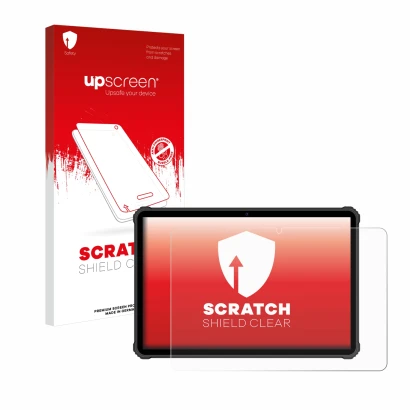 Parte frontale di una confezione del prodotto con il logo del marchio upscreen. Accanto è raffigurato il dispositivo Oukitel R