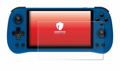 Immagine del dispositivo Powkiddy X55 con un'ampia varietà di protezioni per lo schermo.