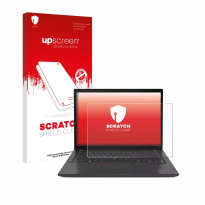 Parte frontale di una confezione del prodotto con il logo del marchio upscreen. Accanto è raffigurato il dispositivo Lenovo Th