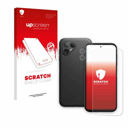 Parte frontale di una confezione del prodotto con il logo del marchio upscreen. Accanto è raffigurato il dispositivo Fairphone