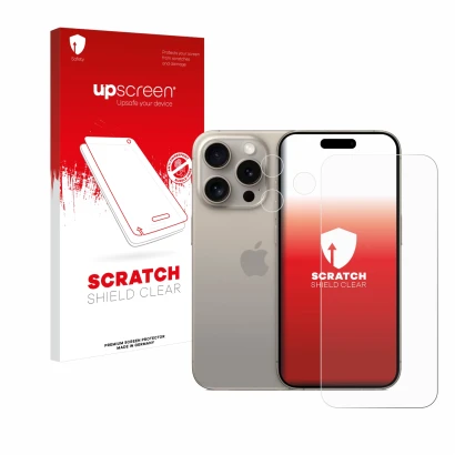 Parte frontale di una confezione del prodotto con il logo del marchio upscreen. Accanto è raffigurato il dispositivo Apple iPh