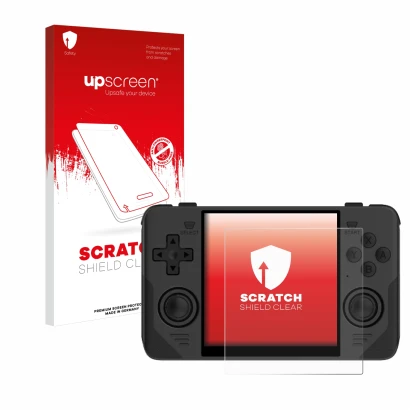 Parte frontale di una confezione del prodotto con il logo del marchio upscreen. Accanto è raffigurato il dispositivo Powkiddy 