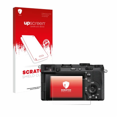 Parte frontale di una confezione del prodotto con il logo del marchio upscreen. Accanto è raffigurato il dispositivo Sony Alph