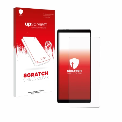 Parte frontale di una confezione del prodotto con il logo del marchio upscreen. Accanto è raffigurato il dispositivo Samsung G