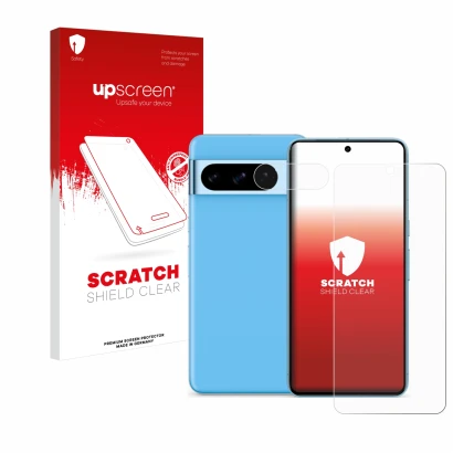 Parte frontale di una confezione del prodotto con il logo del marchio upscreen. Accanto è raffigurato il dispositivo Google Pi