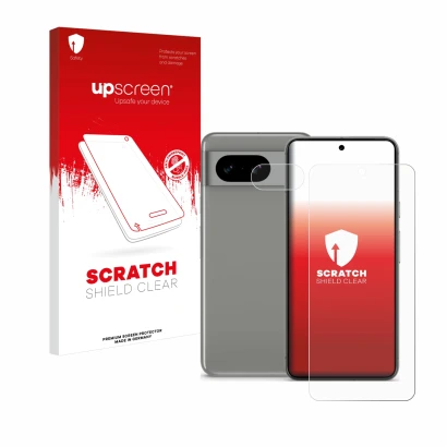 Parte frontale di una confezione del prodotto con il logo del marchio upscreen. Accanto è raffigurato il dispositivo Google Pi