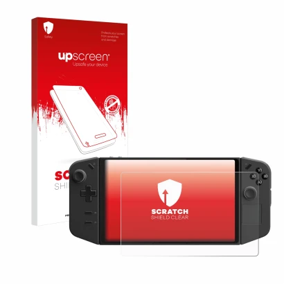 Parte frontale di una confezione del prodotto con il logo del marchio upscreen. Accanto è raffigurato il dispositivo Lenovo Le