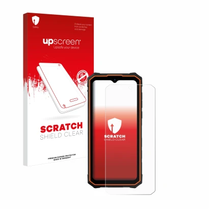 Parte frontale di una confezione del prodotto con il logo del marchio upscreen. Accanto è raffigurato il dispositivo Hotwav Cy