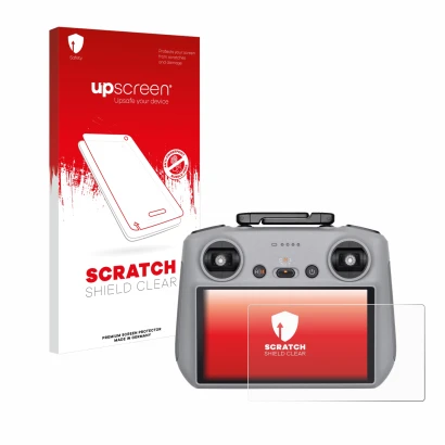 Parte frontale di una confezione del prodotto con il logo del marchio upscreen. Accanto è raffigurato il dispositivo DJI RC 2