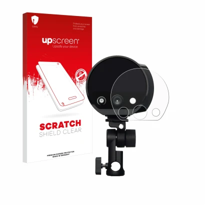 Parte frontale di una confezione del prodotto con il logo del marchio upscreen. Accanto è raffigurato il dispositivo Profoto B