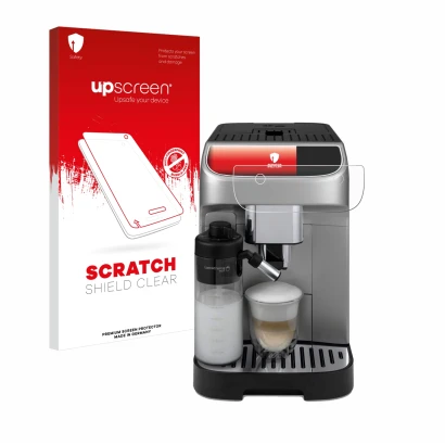 Parte frontale di una confezione del prodotto con il logo del marchio upscreen. Accanto è raffigurato il dispositivo DeLonghi 