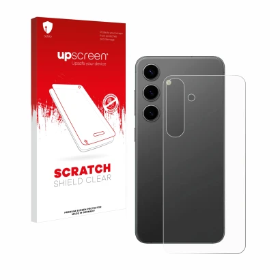 Parte frontale di una confezione del prodotto con il logo del marchio upscreen. Accanto è raffigurato il dispositivo Samsung G