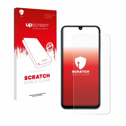 Parte frontale di una confezione del prodotto con il logo del marchio upscreen. Accanto è raffigurato il dispositivo Samsung G