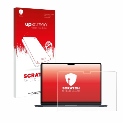 Parte frontale di una confezione del prodotto con il logo del marchio upscreen. Accanto è raffigurato il dispositivo Apple Mac