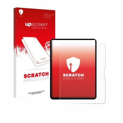 Parte frontale di una confezione del prodotto con il logo del marchio upscreen. Accanto è raffigurato il dispositivo Apple iPa