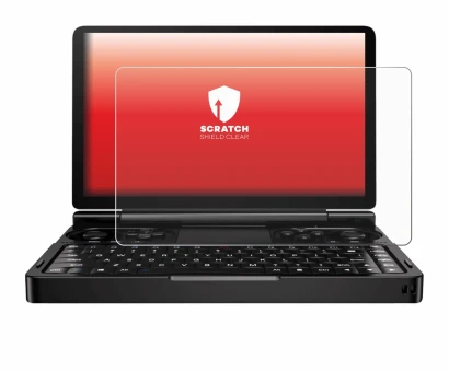 Immagine del dispositivo GPD Win Mini (2024) con un'ampia varietà di protezioni per lo schermo.