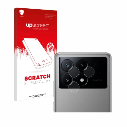 Parte frontale di una confezione del prodotto con il logo del marchio upscreen. Accanto è raffigurato il dispositivo Xiaomi Po