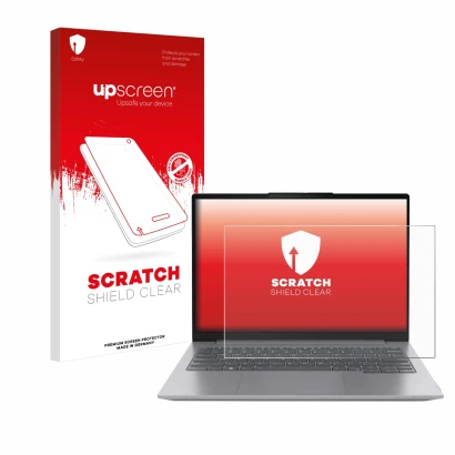 Parte frontale di una confezione del prodotto con il logo del marchio upscreen. Accanto è raffigurato il dispositivo Lenovo Th