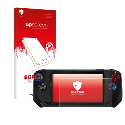 Parte frontale di una confezione del prodotto con il logo del marchio upscreen. Accanto è raffigurato il dispositivo MSI Claw