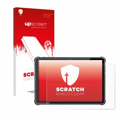 Parte frontale di una confezione del prodotto con il logo del marchio upscreen. Accanto è raffigurato il dispositivo Oukitel R